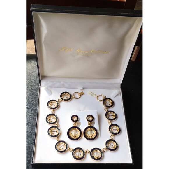 Fifth Avenue Butler Anchor Away Necklace Clip Earrings Gold Tone Blue Enamel - Picture 4 of 4